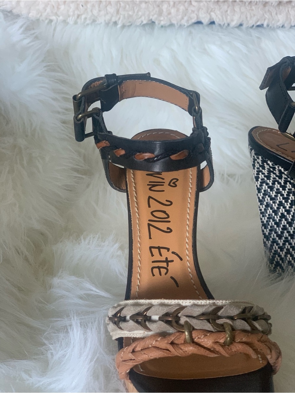 Lanvin Black, Tan & Cream Braided Cork Platform Sandals - Picture 4 of 12